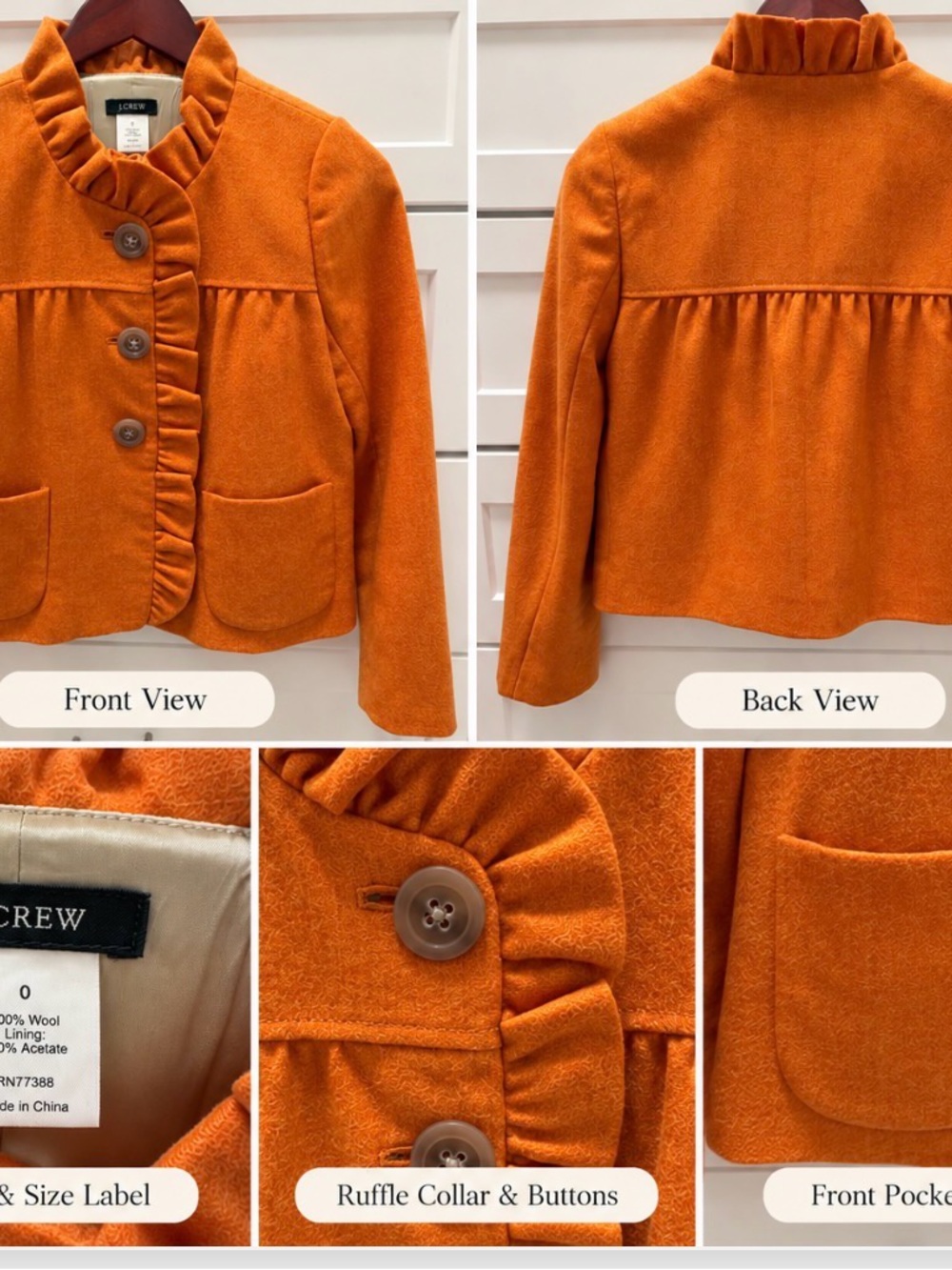 J.Crew 100% Wool Fiona Herringbone Ruffle Jacket Orange 0